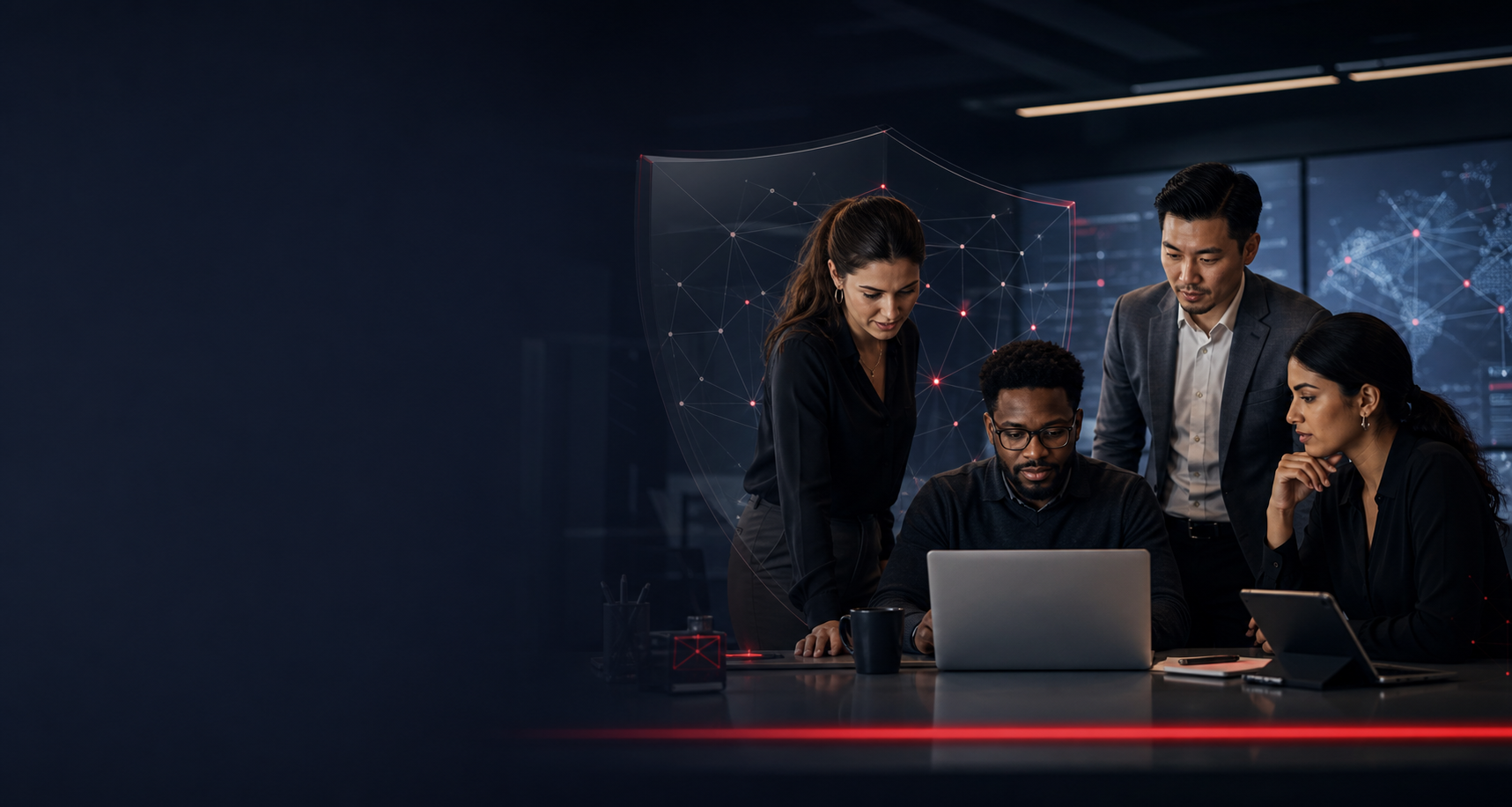 A fictional diverse cybersecurity team collaborating around a laptop